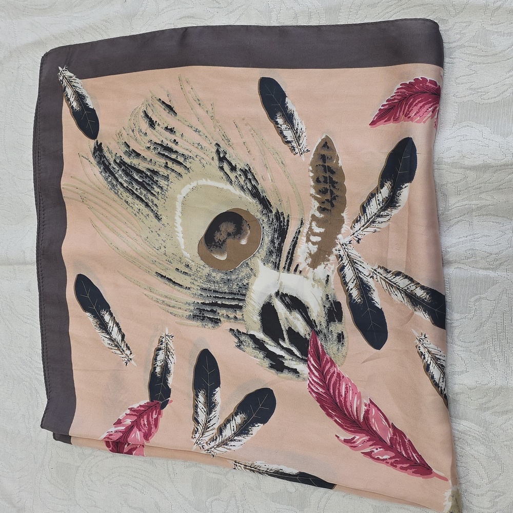 Peacock Feather Print Square Scarf Boho Earth Tones